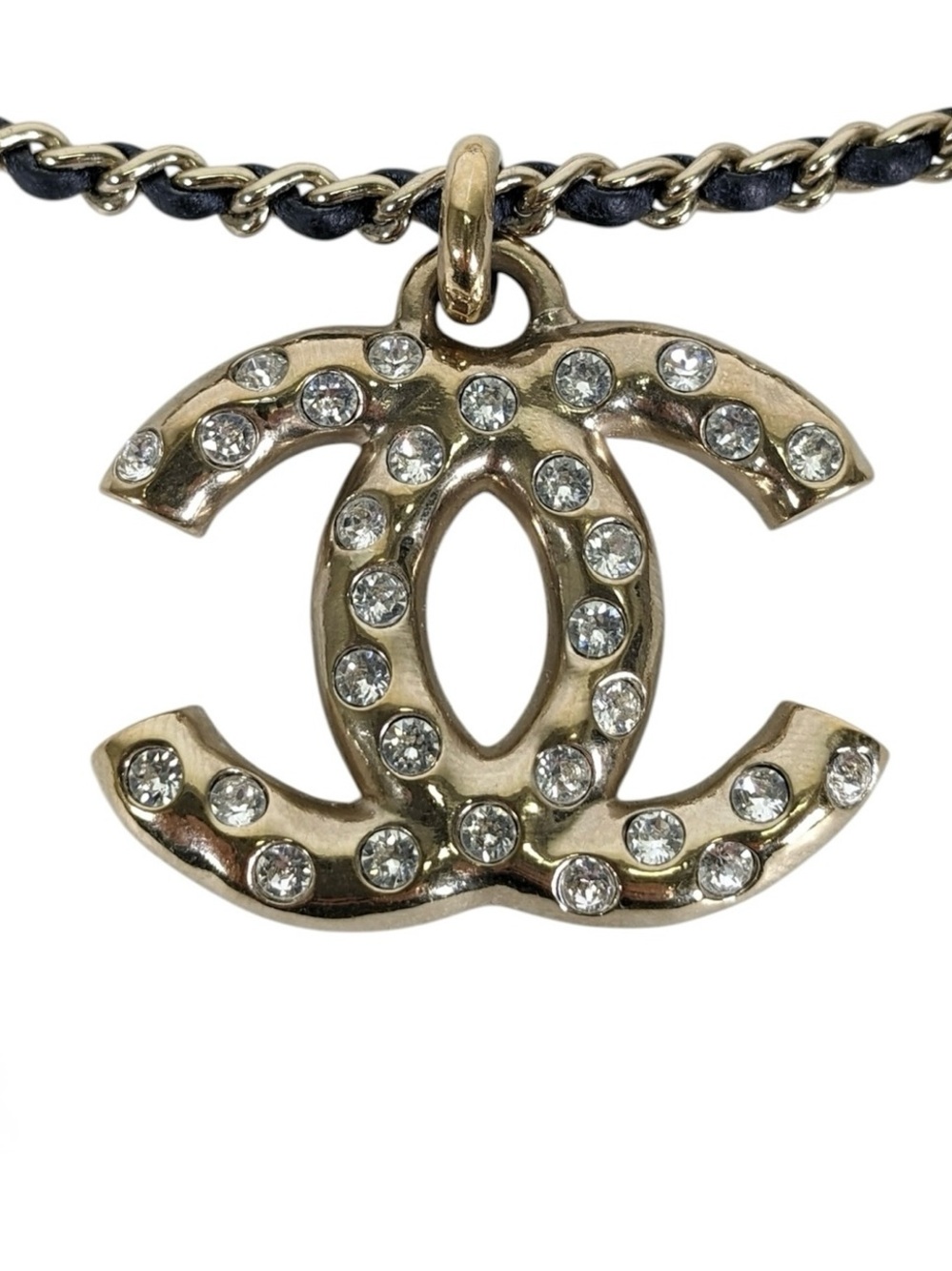 CHANEL Gold-Tone Crystal CC Logo Necklace with Black Leather-Trim Chain - Picture 3 of 4